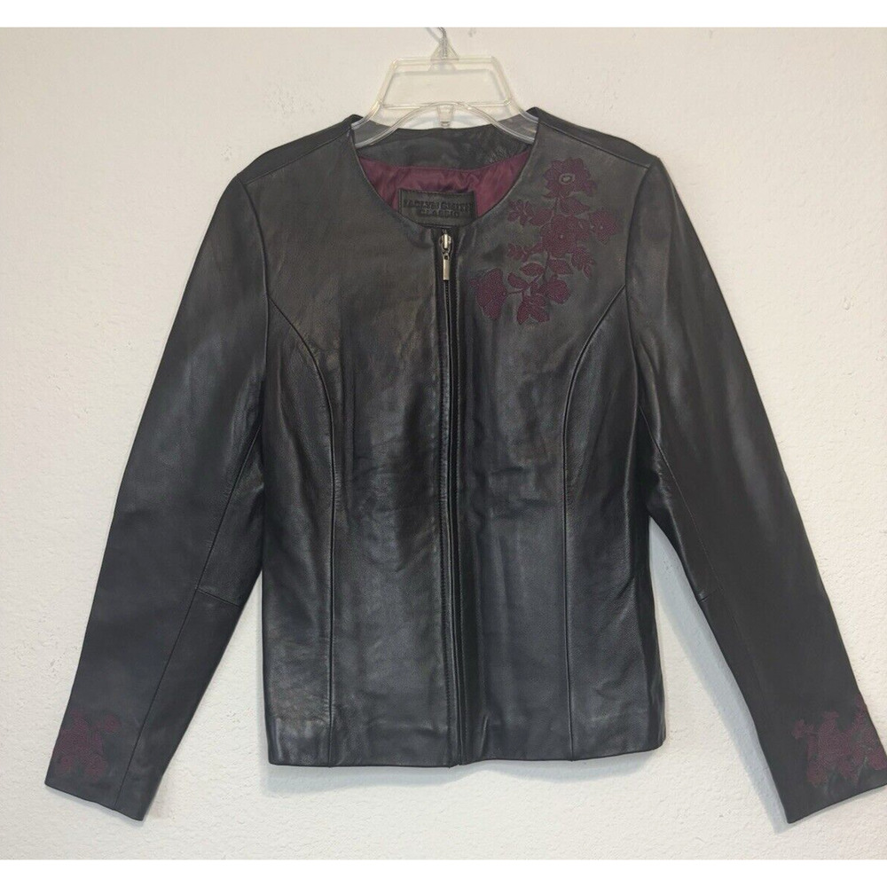 Vintage 90's Leather Jacket Jaclyn‎ Smith Zip Floral Embroidered Black Sz Small